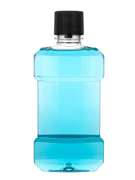 Transparent plastic bottle of blue mouthwash with black cap for oral hygiene care.