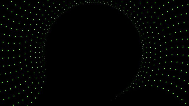 Abstract green dotted circle swirl expanding on black background. Seamless loop 4k