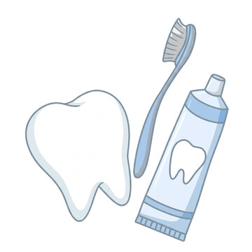 Cartoon style tooth with toothbrush and toothpaste tube for pediatric dental care education and oral hygiene promotion.