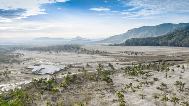 Aerial view of the volcanic ash-covered landscape in Sumberwuluh, featuring a damaged building and scattered palm trees in Candipuro, East Java, Indonesia.