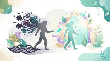 Obraz premium A person steps away from dark shapes symbolizing negativity towards a vibrant and inviting scene representing health and purification.