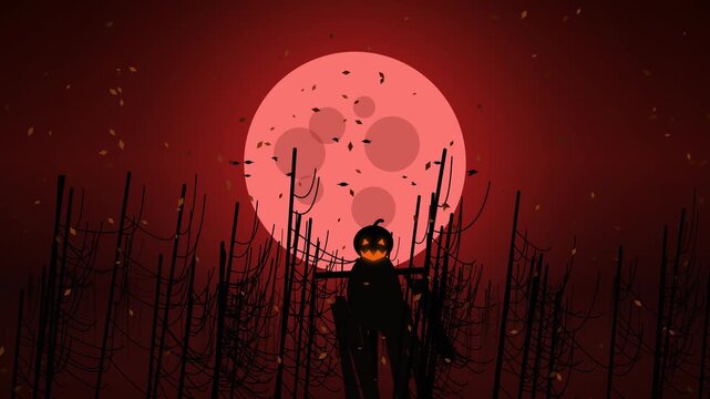 Spooky Halloween Night with Full Moon and Jack-o'-lantern Scarecrow