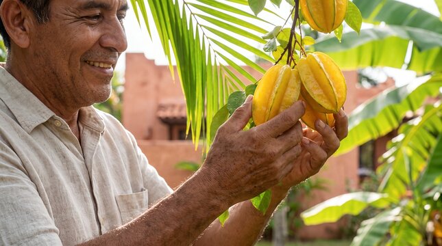 florida starfruit harvest man tropical tree agriculture fruit garden local A smiling grower picks ripe yellow carambola directly from a lush backyard tree for culinary marketing and tourism campaigns
