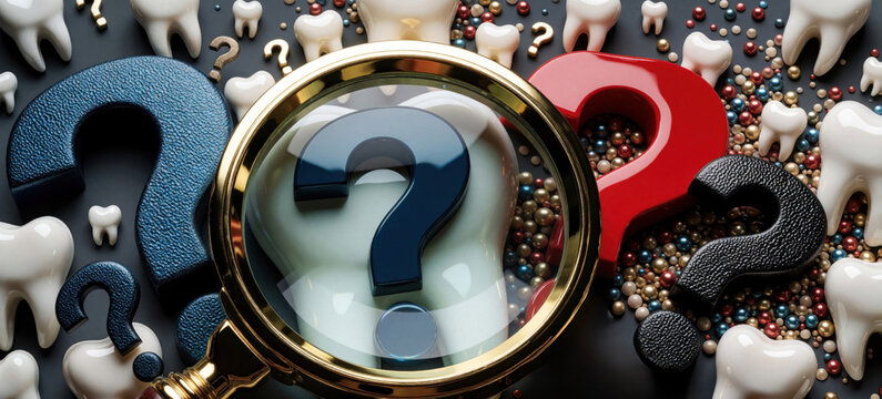 Dental health questions examined closely. Magnifying glass reveals query marks, teeth models, and colorful beads. Uncertainty in oral care investigated by experts.