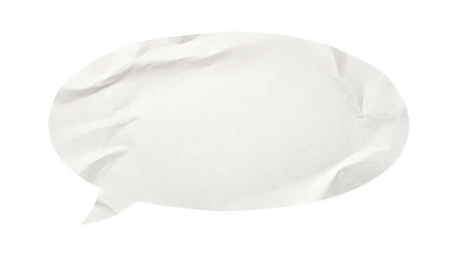 A round white paper speech bubble with a wrinkled texture and a small tail for text placement presented as an isolated on transparent background
