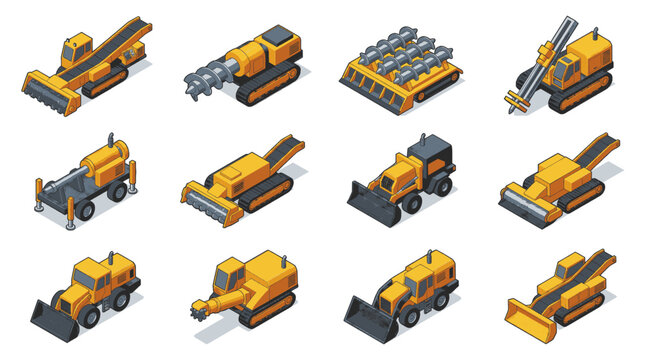 Collection of isometric construction and mining heavy machinery vehicles in yellow and grey colors.