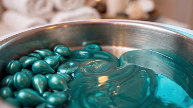 Pearlescent hard wax pellets gradually melt into glossy depilatory wax in a professional warmer. Macro view of wax preparation for beauty treatment.