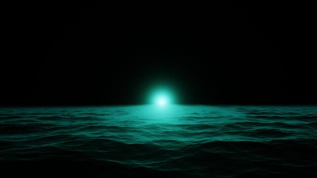 Cyan glowing light illuminates dark rippling ocean waves in a futuristic nocturnal seascape 3D animation