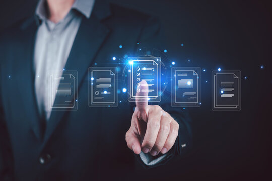 Professional selecting digital documents on a virtual interface, representing document management, data organization, workflow, file processing, cloud technology, and secure business operations.