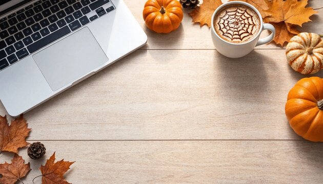 Flat lay of a laptop, a cup of coffee with spider web latte art, orange pumpkins and autumn maple leaves on a light wooden table, cozy autumn workspace, Halloween mood, seasonal home office