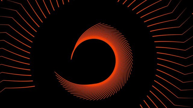 Futuristic abstract animation of orange spiral lines vortex expanding on dark background. 4K motion graphic