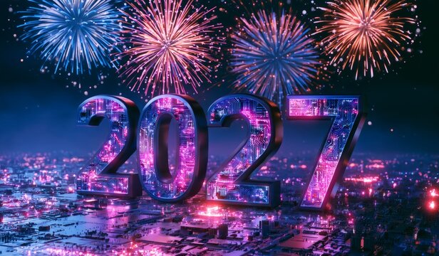 Futuristic 2027 New Year Numbers with Fireworks Over City