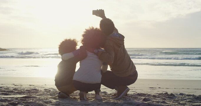 Sunset, family and selfie at beach, vacation memory and kid travel with parents in summer on trip. African mother, father and child by sea for photography, back hug or social media update on holiday
