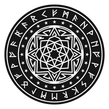 Viking rune circle with mystical geometric star, ancient nordic futhark alphabet seal, occult esoteric mandala vector for tattoo and alchemy Halloween Silhouette Editable EPS