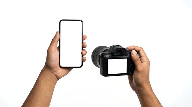 Hands holding a smartphone and a digital camera isolated on white background
