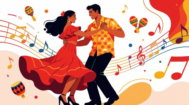 Couple dances latin salsa with maracas and musical notes. Woman wears red dress, man wears patterned shirt. Vibrant illustration shows happy people enjoying cultural celebration and energetic rhythm.
