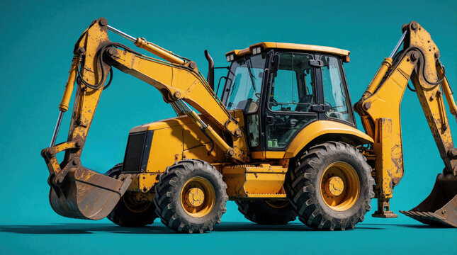 Yellow backhoe loader excavator machine. Heavy construction equipment for digging and loading tasks. Industrial vehicle with powerful hydraulic arms. Rugged industrial machinery on teal backdrop.