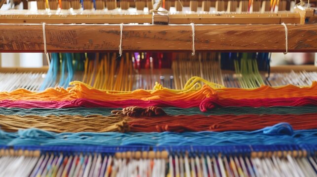 Colorful threads on a traditional wooden weaving loom close-up
