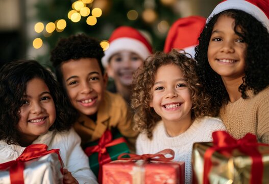 Diverse Group of Happy Children with Christmas Presents