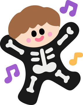 Cute Halloween skeleton costume kid dancing with music notes vector illustration