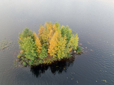 Aerial view of a small island with vibrant autumn foliage in the river delta of Oulu, North Ostrobothnia, Finland.