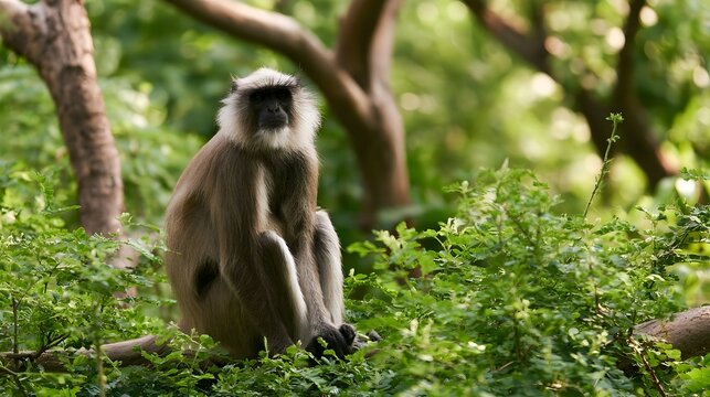 A langur monkey sits calmly among lush green foliage in a sunlit forest  surrounded by trees and soft natural light