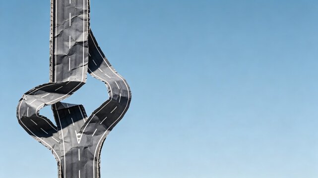 Surreal twisted asphalt roads floating in blue sky