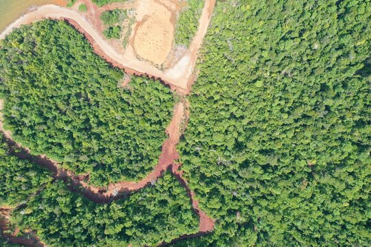 Aerial view of the PT Ceria Nugraha Indotama mining site, showing red earth paths winding through dense tropical forest and coastal vegetation in Wolo, South East Sulawesi, Indonesia.