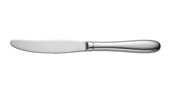 Shiny silver stainless steel butter knife with a serrated edge and elegant handle, isolated on a clean white background