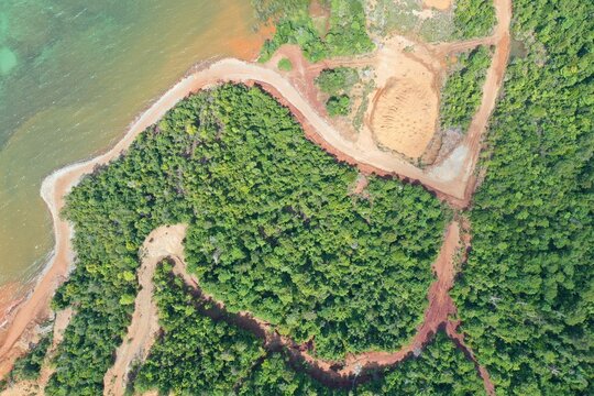 Aerial view of the PT Ceria Nugraha Indotama mining site featuring cleared red earth roads winding through dense green forest along the coastline in Wolo, South East Sulawesi, Indonesia.