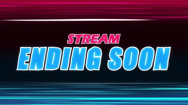 Stream ending soon overlay with pink and blue neon lights and energetic speed lines for live broadcasts and gaming events