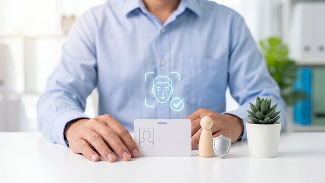 Identity verification and biometric face recognition authentication concept. Businessman with ID card, shield and digital identity face scan with checkmark for KYC, data privacy and cybersecurity