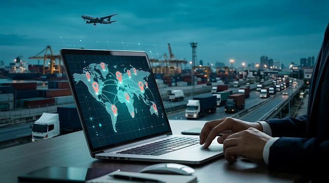Businessman working on laptop with global supply chain logistics map displayed on screen overlooking busy port terminal.
