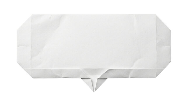 A white paper origami speech bubble with a folded design representing a blank communication message isolated on transparent background for creative graphic design projects