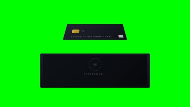 4K chroma key green screen motion graphic featuring a highly detailed matte black titanium credit card tapping an NFC payment terminal. 