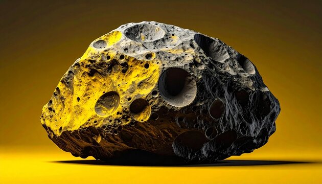 Minimalist monochrome spherical lava rock with porous texture resembling an asteroid in deep space Isolated yellow background
3