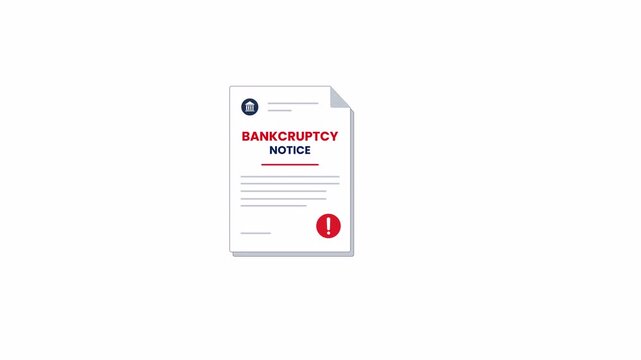 Bankruptcy notice document with a financial warning symbol, clean flat vector illustration on a transparent background with alpha channel.