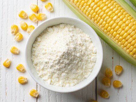 White bowl filled with corn flour sits beside fresh corn cob and kernels on white wood. Simple preparation for culinary or baking needs, showcasing natural ingredients.