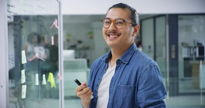 Face, happy and window with business man in office for planning, brainstorming or mind map. Project target, sticky note and writing with employee and glass board for solution and problem solving