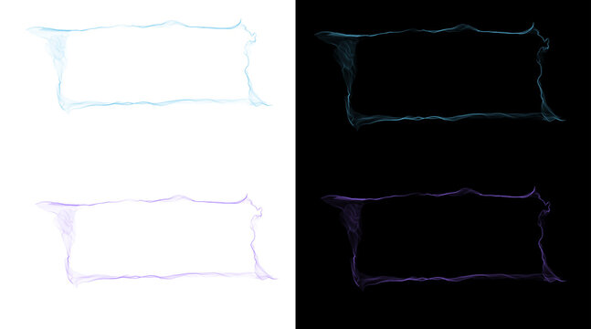 Abstract ethereal smoke frames set, glowing wispy vapor borders in blue and purple, mystical energy smoke rectangles for cinematic titles