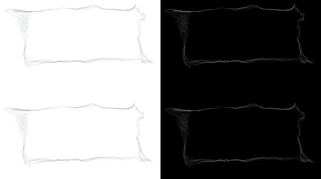 Minimalist smoke frame borders, ethereal wispy vapor outlines on black and white backgrounds, abstract smoke rectangle elements for design