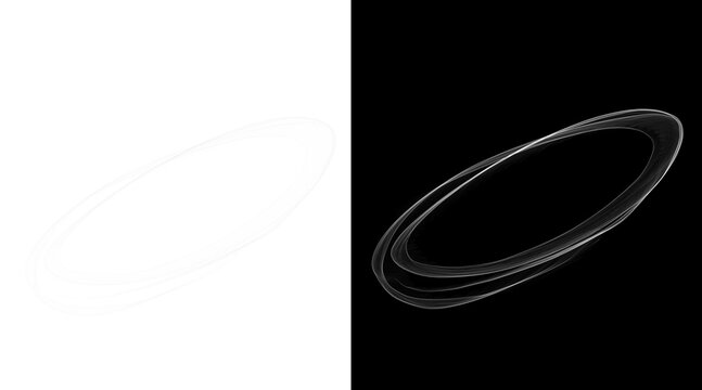 Minimalist glowing ring illustration, futuristic light trail circle on black and white backgrounds, abstract orbital motion lines for tech design