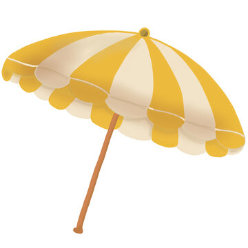 A hand-drawn digital illustration of an open beach umbrella in mustard and cream stripes with a wooden pole, isolated on a plain background. Its warm, sun-faded palette suits summer travel graphics.