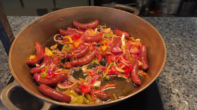 Sausages are frying with onions, peppers, and tomatoes in a rustic skillet, creating a colorful, hearty, and appetizing homemade dish.