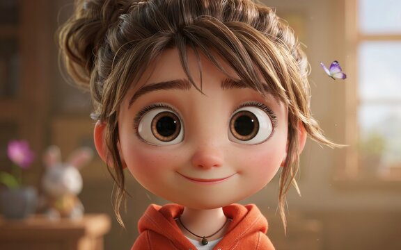 Close up portrait of a cute animated girl with big brown eyes and brown hair in a bun wearing an orange hoodie with a small butterfly nearby