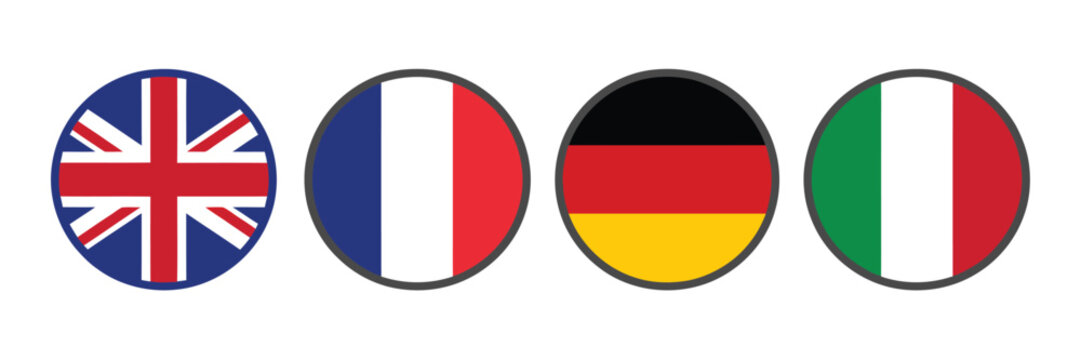 European flags collection illustration. Round national flag icons featuring united kingdom, france, germany, and italy for travel graphics, geographic education, tourism and international design.
