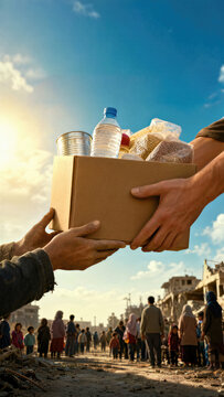 Volunteer hand giving donation box with food and water to needy man in war zone. Humanitarian aid and support for refugees in crisis. Global charity mission for victims of disaster.