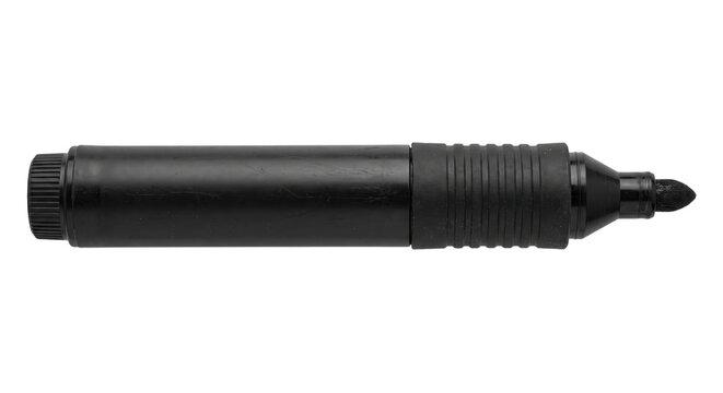 Single black permanent marker with a broad felt tip is horizontally positioned against a clean white background, captured with bright studio lighting