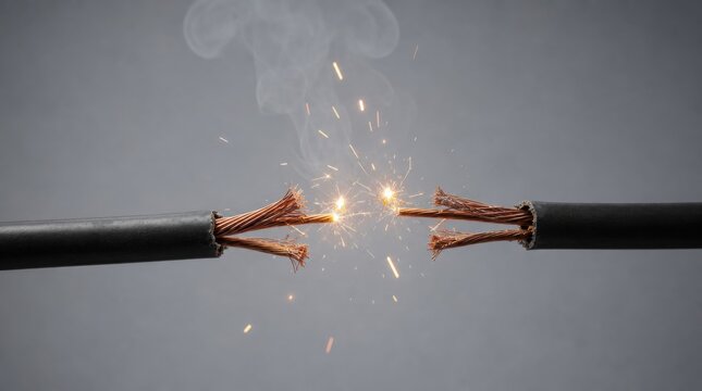 Two exposed copper wires sparking as they nearly connect, emitting sparks and smoke against a gray background.