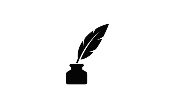 Quill pen with inkwell vector icon silhouette on white background illustration